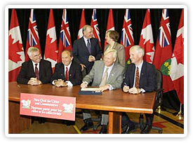June 17, 2005�- Signing the New Deal for Cities and Communities, Prime Minister Paul Martin and Mayor of Oakville, Ann Mulvale, (seated, l-r) Ontario Municipal Affairs and Housing Minister John Gerretsen, Roger Anderson, President of the Association of Ontario Municipalities, Toronto Mayor David Miller and federal Minister of State (Infrastructure and Communities) John Godfrey.